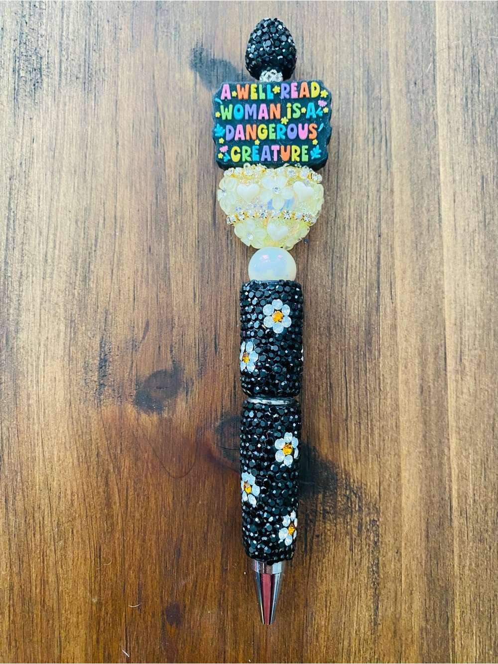 Beaded Rhinestone Daisy Statement Pen — Black with Yellow & White Accents